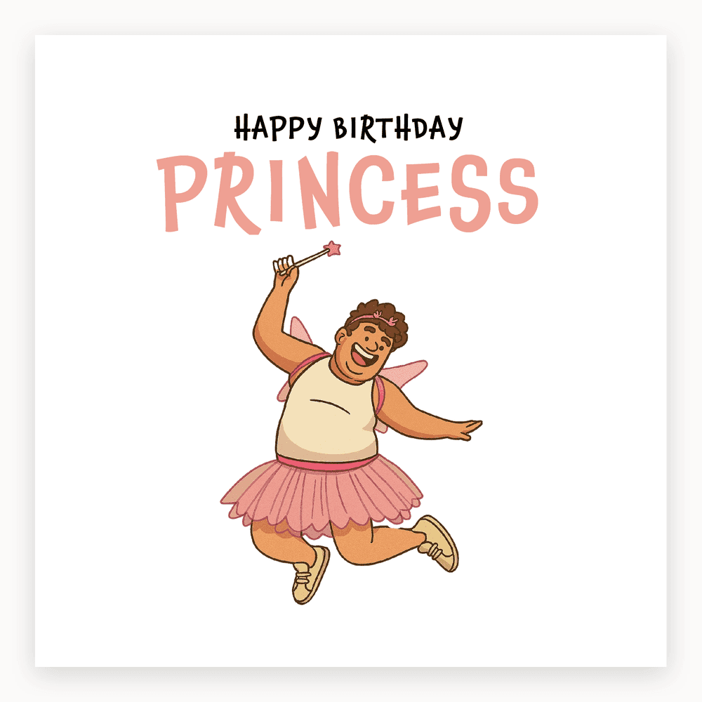 The card lying flat. Cartoon of a man in a pink tutu and fairy wings, holding a magic wand, with 'HAPPY BIRTHDAY PRINCESS' text.