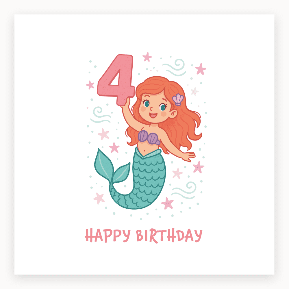 The card lying flat. Card with a cheerful mermaid holding the number 4, surrounded by stars and swirls, with 'HAPPY BIRTHDAY' text. Predominantly blue and pink.