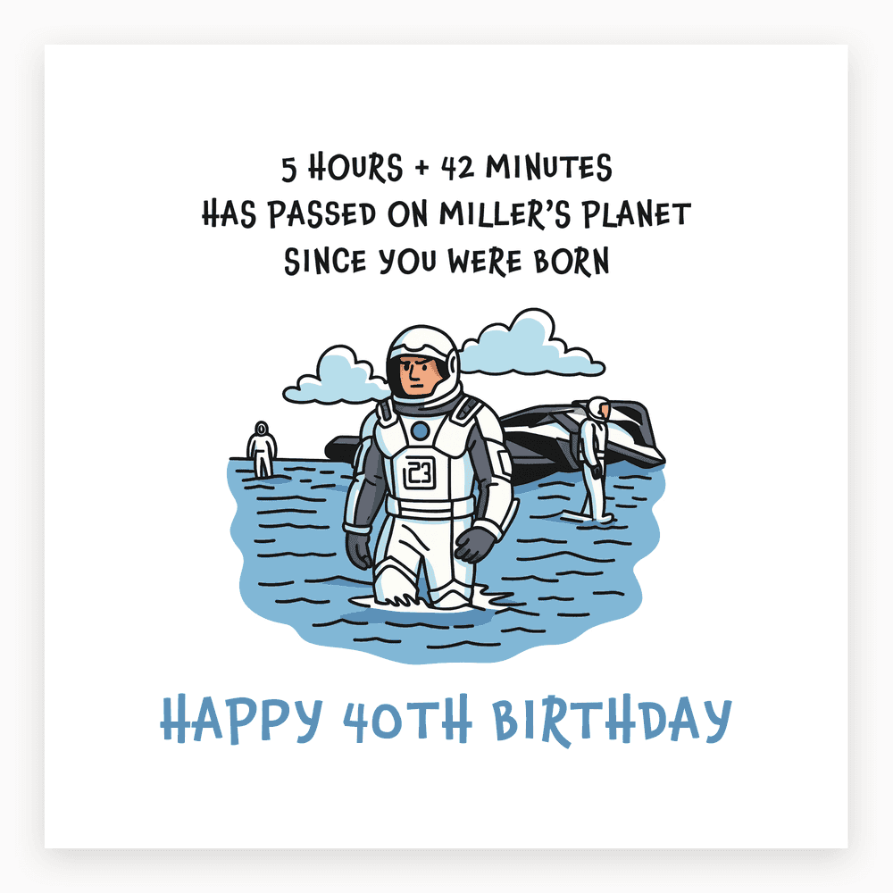 The card lying flat. Illustration of an astronaut on Miller's planet with text about time dilation and 'Happy 40th Birthday'. Predominantly blue and grey colours.