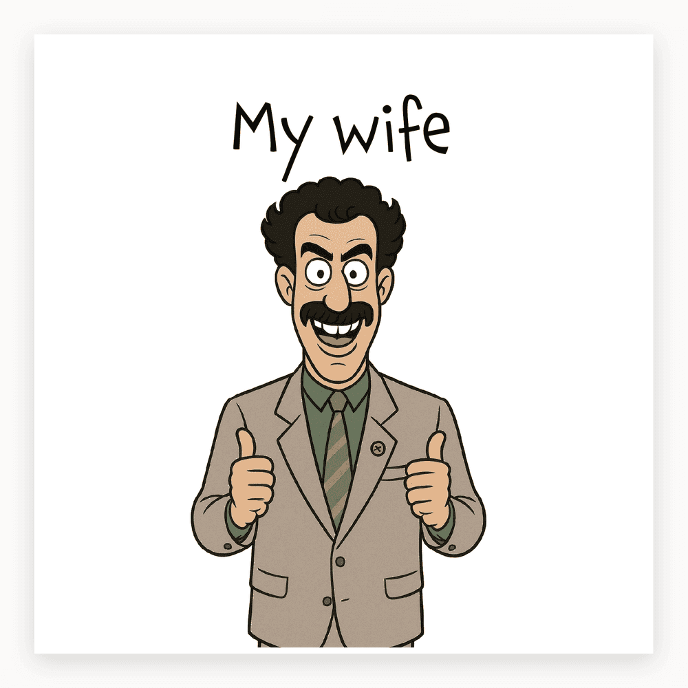 The card lying flat. Illustration of a man with dark hair and a moustache, wearing a suit, giving thumbs up. Text reads 'My wife!' in bold letters.