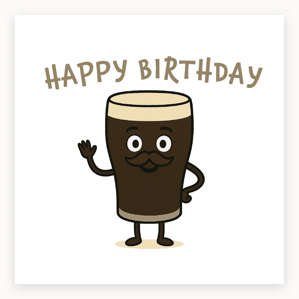 The card lying flat. Card with a cheerful Guinness-style pint character waving, text 'HAPPY BIRTHDAY'. Dominant colours: black, white, gold.