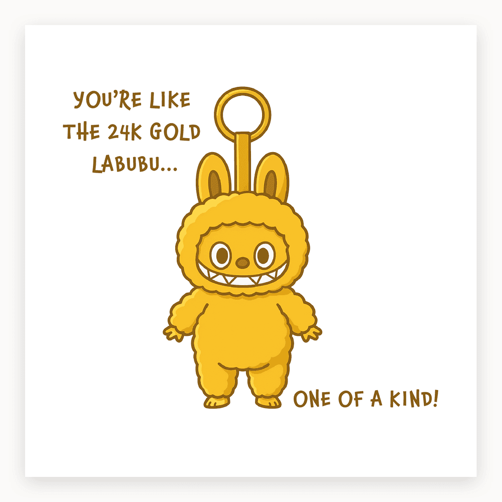 The card lying flat. Yellow card with a cute bunny-like character and the text 'YOU'RE LIKE THE 24K GOLD LABUBU... ONE OF A KIND!'