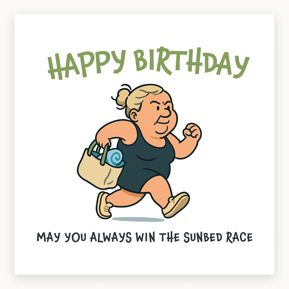 The card lying flat. Cartoon of a woman running with a towel and bag, text 'HAPPY BIRTHDAY' and 'MAY YOU ALWAYS WIN THE SUNBED RACE'.