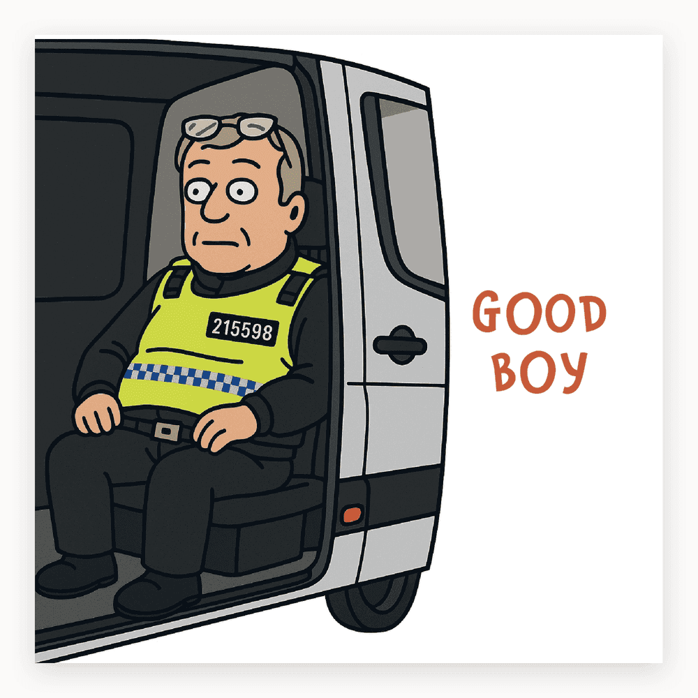 The card lying flat. Illustrated card with a British police officer in a van, captioned 'GOOD BOY', in blue and white.
