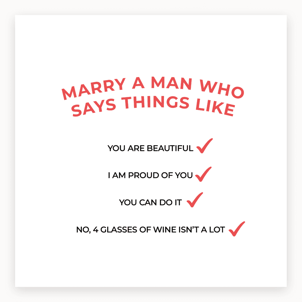 The card lying flat. Card with text listing supportive phrases from a husband, ending with a wine joke. Predominantly white with black text.