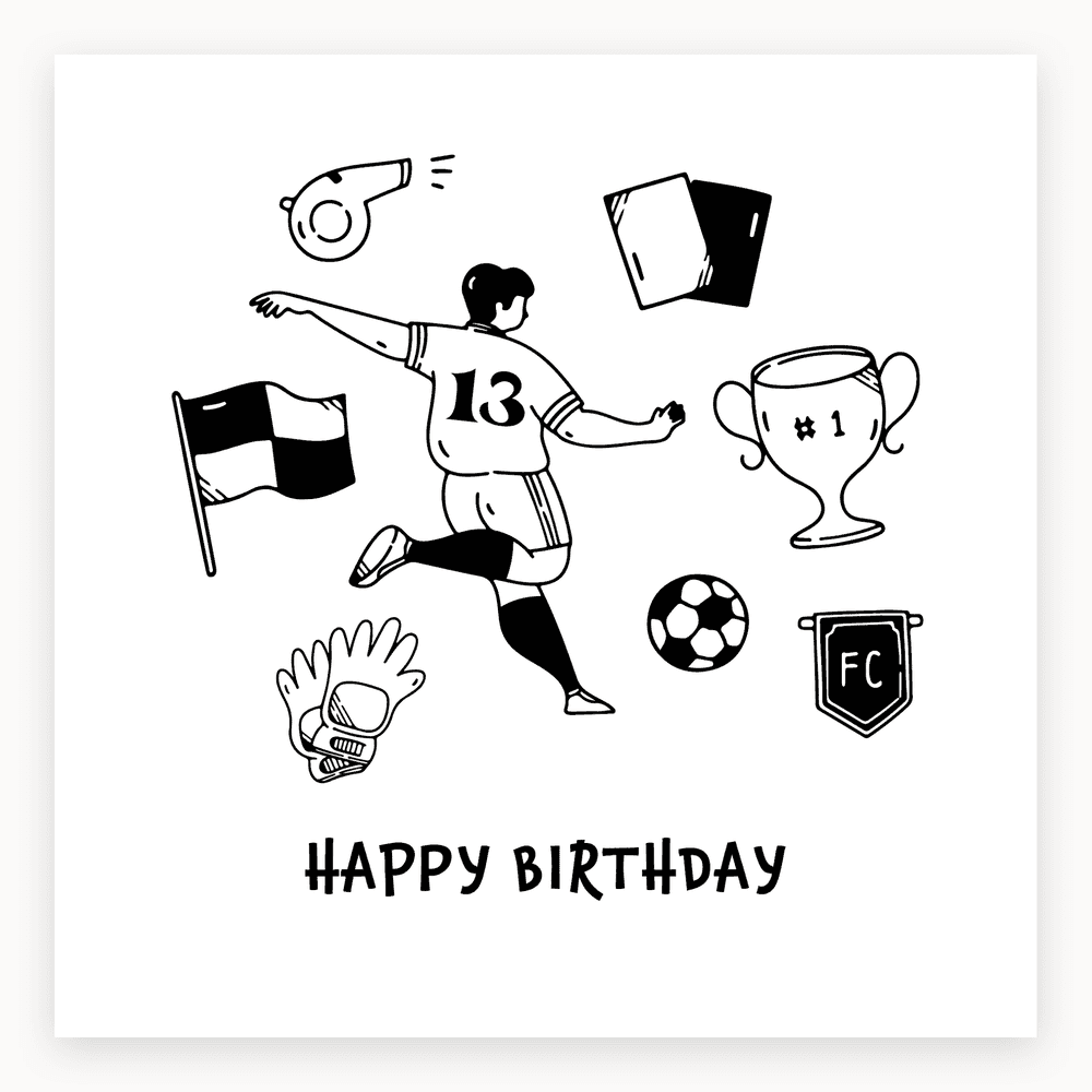 The card lying flat. Illustration of a footballer in action with number 13 on the shirt, surrounded by football icons like a whistle, cards, and a trophy. Predominantly black and white.