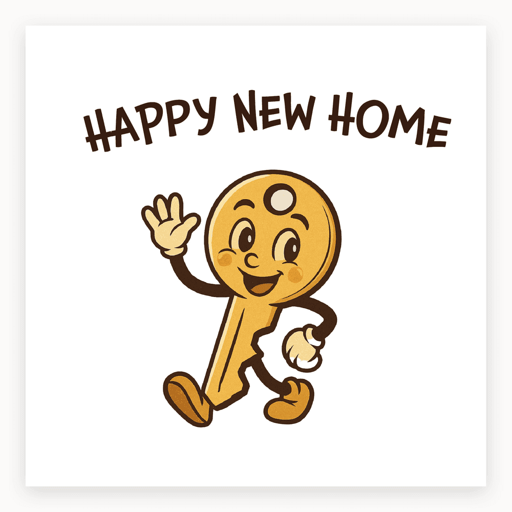 The card lying flat. Cartoon key character waving with 'HAPPY NEW HOME' text in cheerful style, featuring blue and yellow colours.
