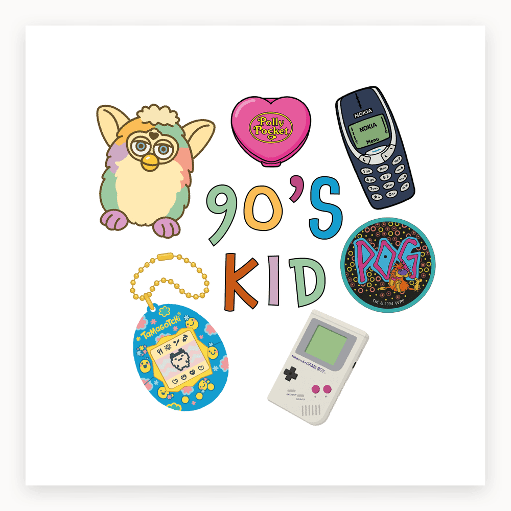The card lying flat. Colourful card with '90'S KID' text, featuring 90s toys like Furby, Polly Pocket, Nokia phone, POG, Tamagotchi, and Game Boy.
