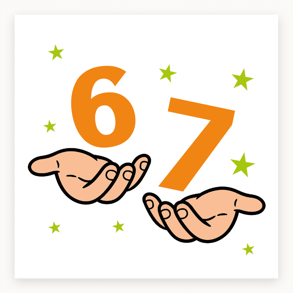 The card lying flat. Birthday card with numbers 6 and 7 in orange, held by illustrated hands, green stars background.