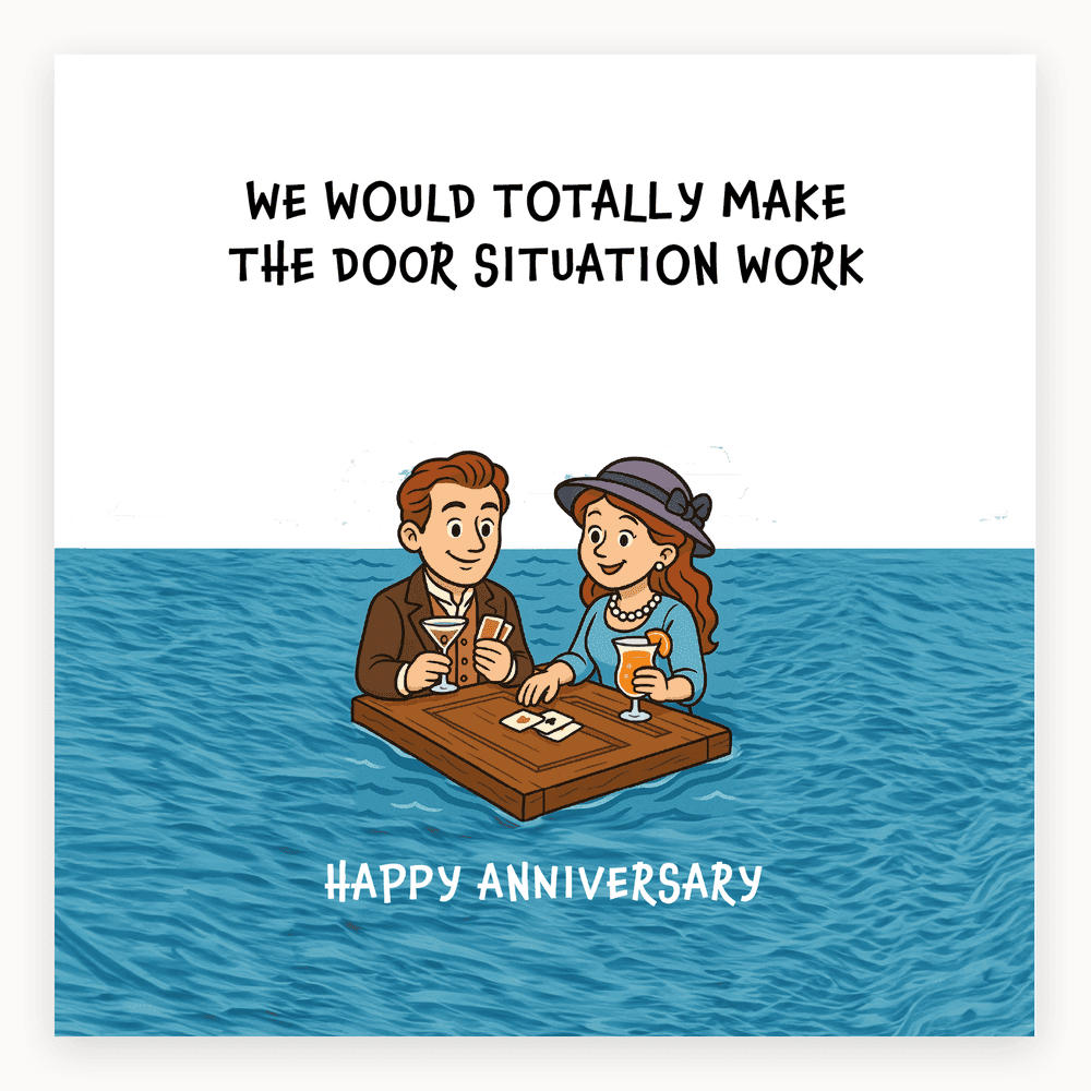 The card lying flat. Illustration of a couple on a wooden door in water, celebrating with drinks. Text: 'We Would Totally Make The Door Situation Work' and 'Happy Anniversary'.