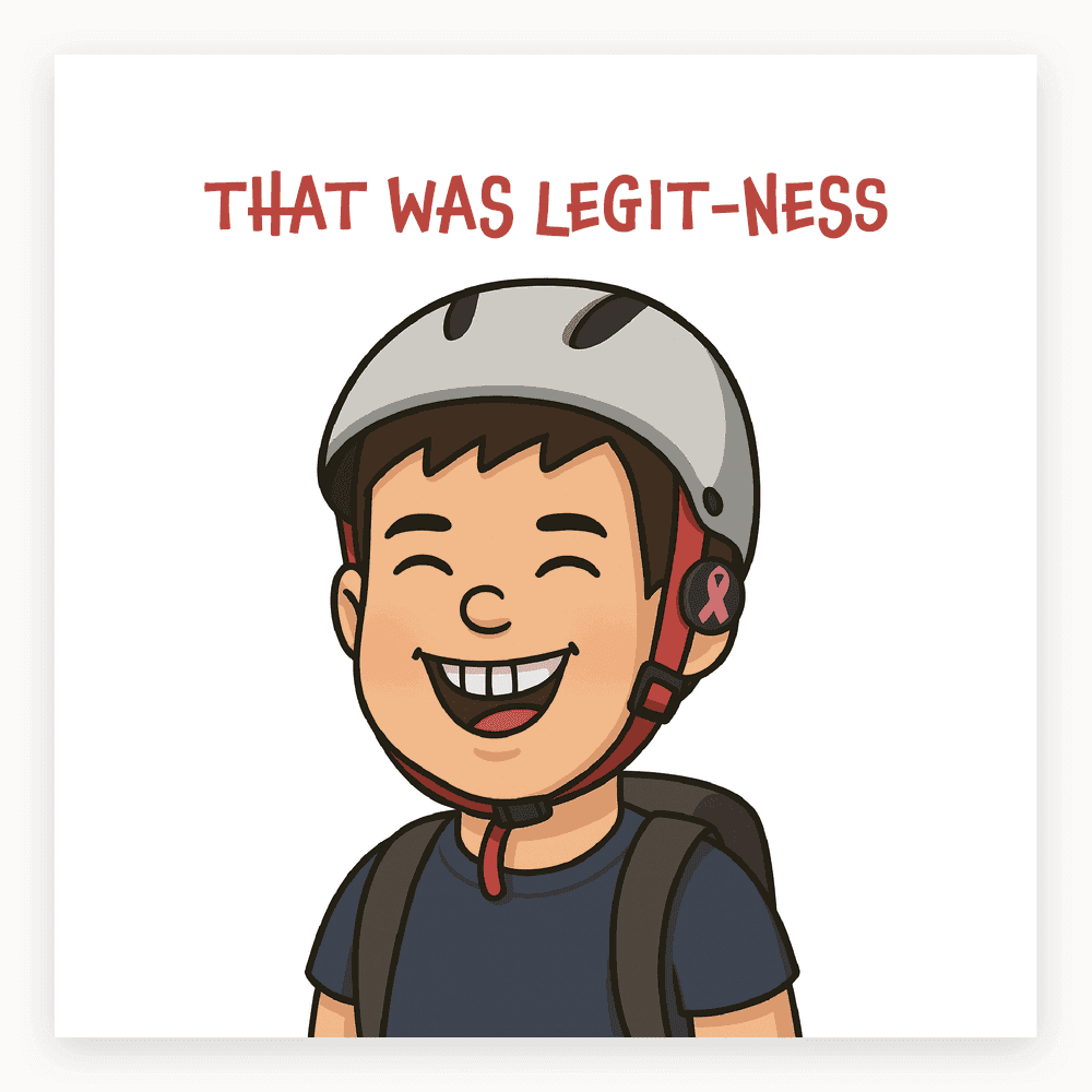 The card lying flat. Illustrated card with a cheerful boy wearing a helmet and backpack, smiling widely. Text reads 'THAT WAS LEGIT-NESS'. Dominant colours are blue and yellow.