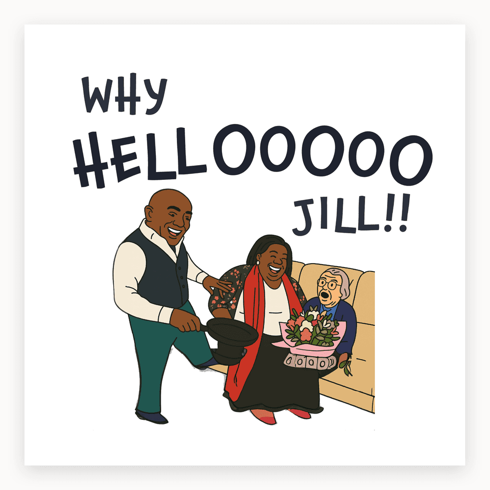 The card lying flat. Card with a man holding a pot and a woman with a bouquet, text 'Why Hellooooo Jill!!' in bold, colourful design.