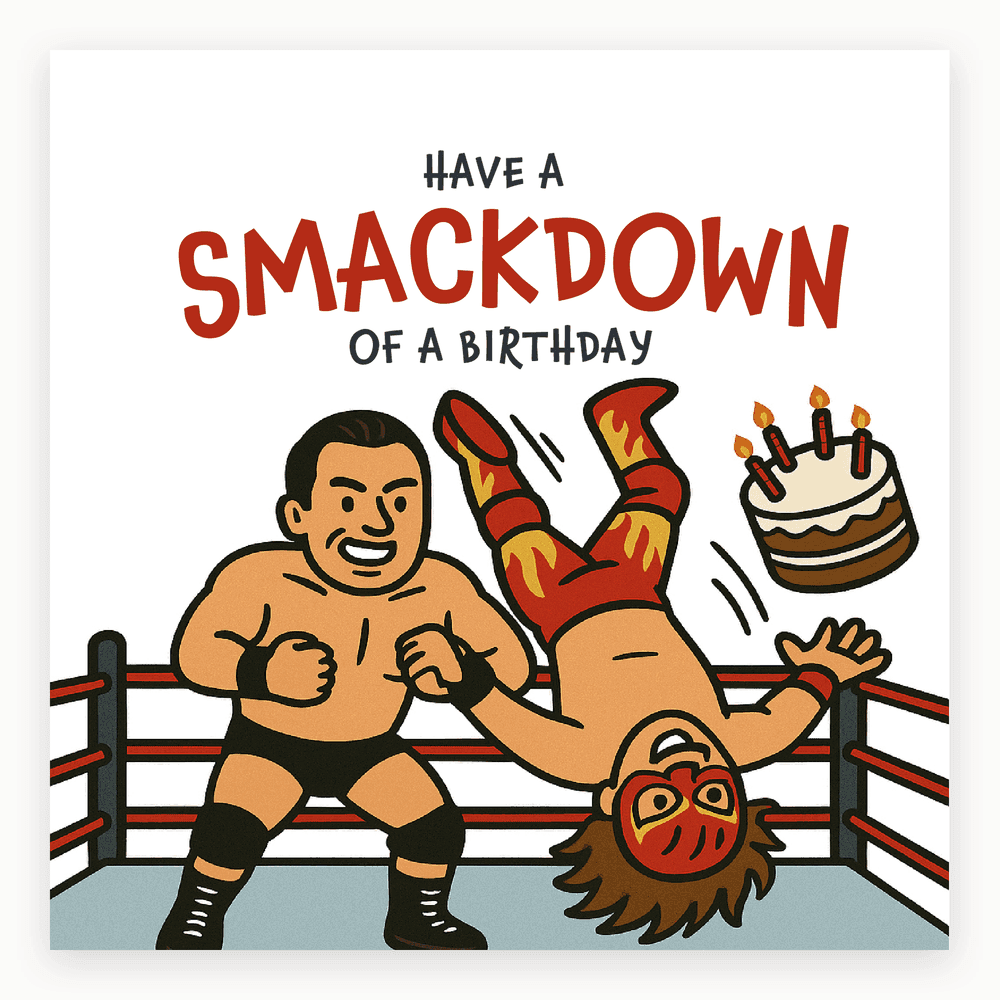 The card lying flat. Illustrated card with two cartoon wrestlers in a ring, one performing a move, with a flying birthday cake. Predominantly blue and red.