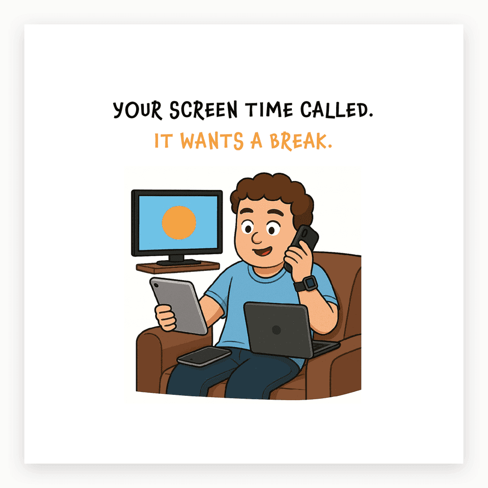 The card lying flat. Illustrated card with a cartoon person on a couch using a phone, tablet, and laptop, with a TV in the background. Blue and white colours.