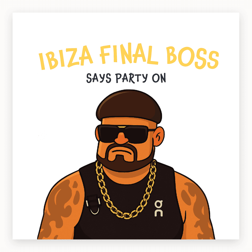 The card lying flat. Illustrated card with a tattooed man wearing sunglasses and a chain, text reads 'IBIZA FINAL BOSS SAYS PARTY ON'. Dominant colours are blue and black.