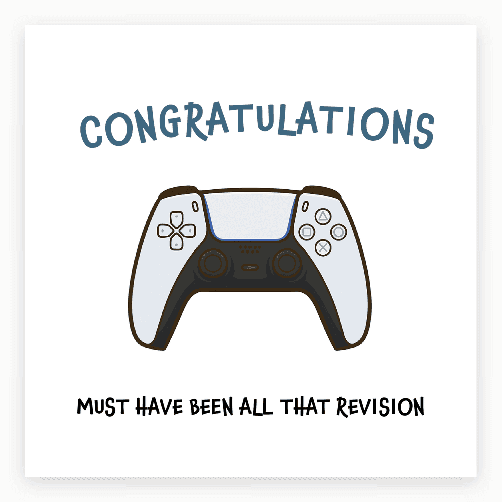 The card lying flat. Card with PlayStation controller, text 'CONGRATULATIONS' and 'MUST HAVE BEEN ALL THAT REVISION'. Blue and white design.