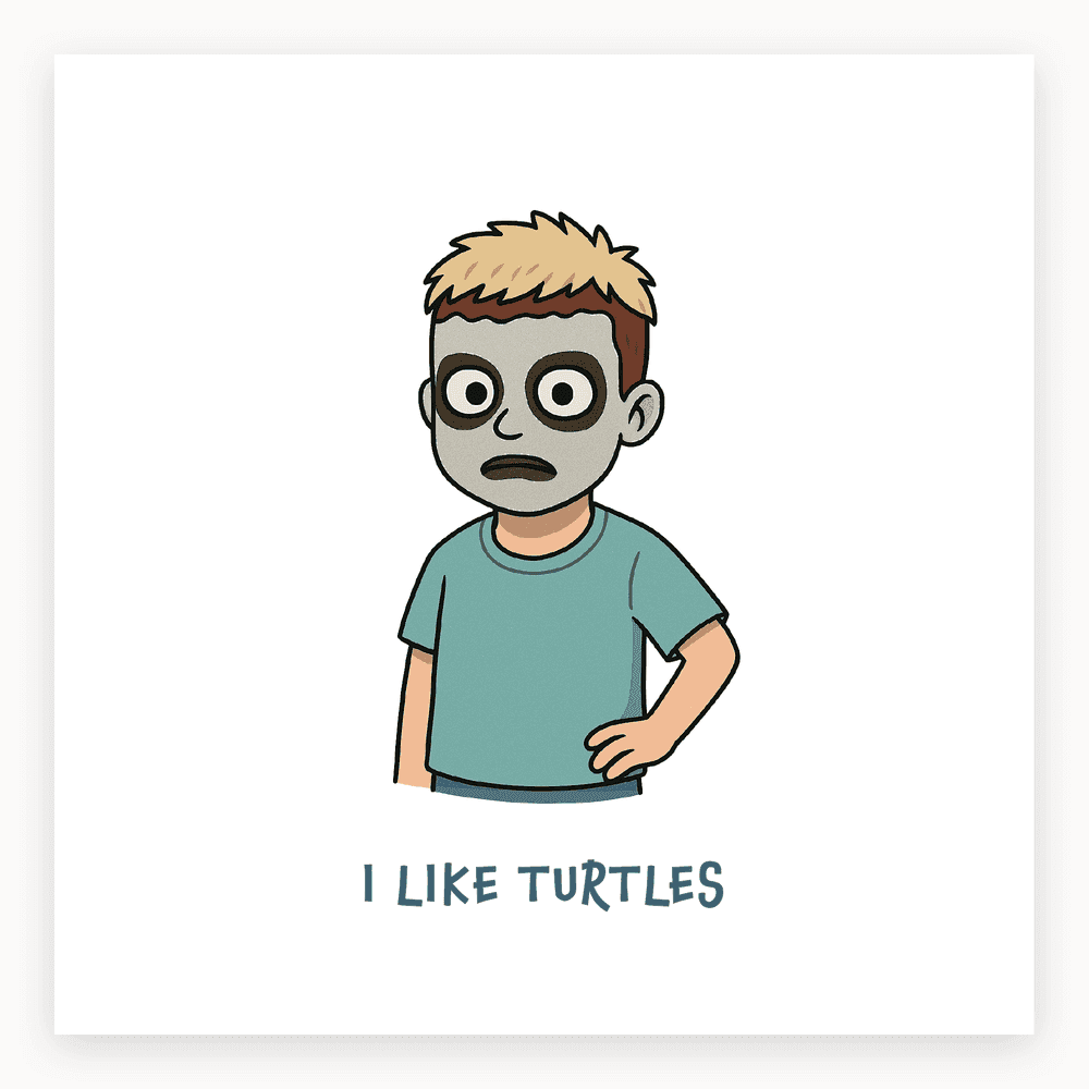 The card lying flat. Card with illustration of a boy in zombie face paint and the text 'I LIKE TURTLES' in bold letters. Predominantly white and green design.