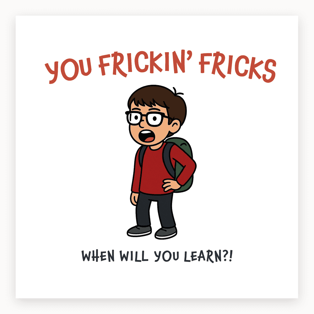 The card lying flat. Illustrated card with a cartoon boy wearing glasses and a backpack, shouting 'YOU FRICKIN' FRICKS' with 'WHEN WILL YOU LEARN?!' in a speech bubble.