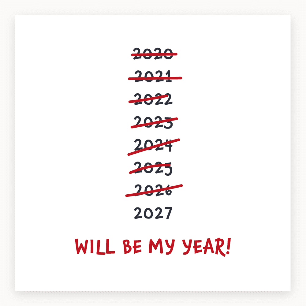 The card lying flat. New Year card with years 2020 to 2026 crossed out, 2027 highlighted, and 'WILL BE MY YEAR!' in red.