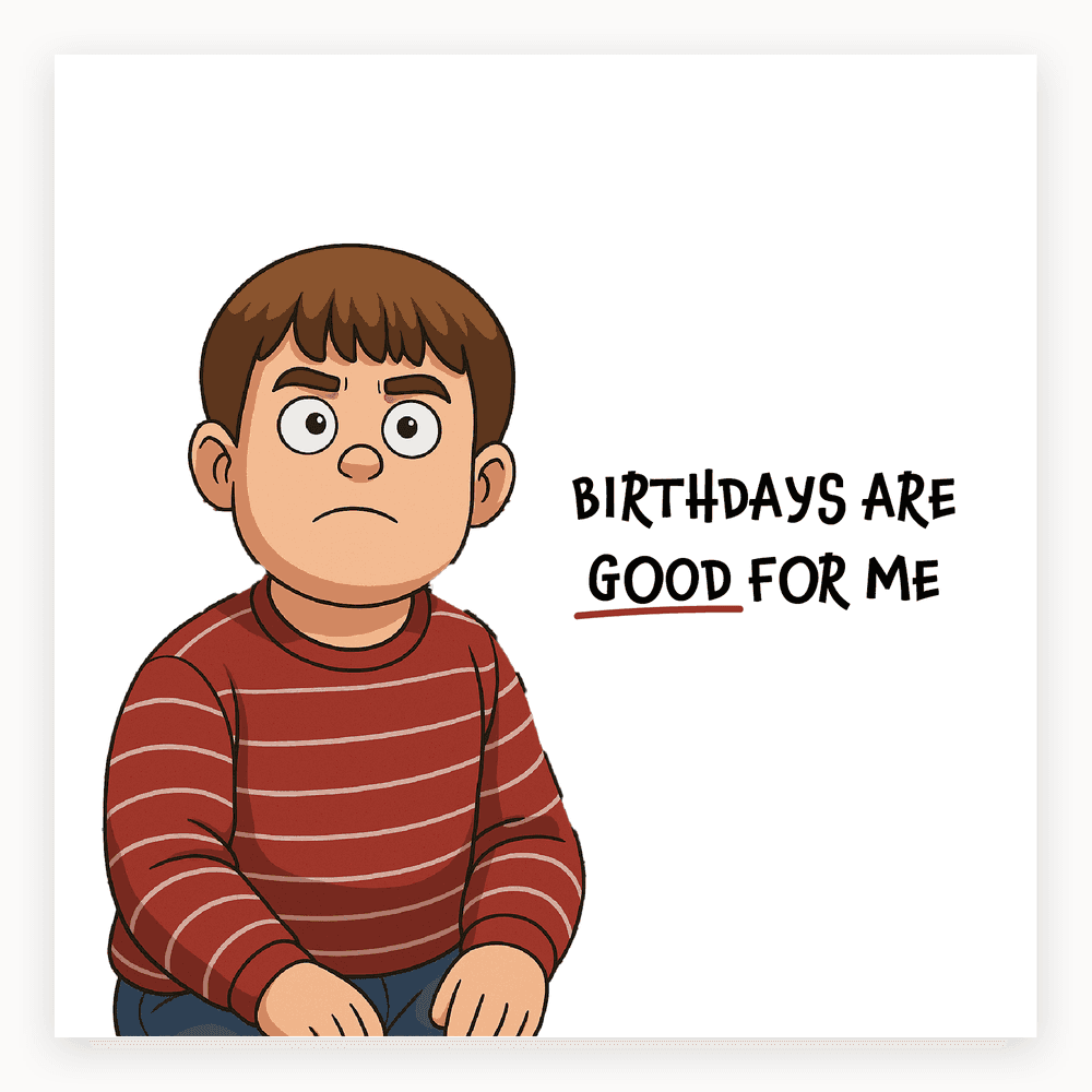The card lying flat. Illustration of a child with brown hair in a red striped sweater, saying 'BIRTHDAYS ARE GOOD FOR ME' in bold text.
