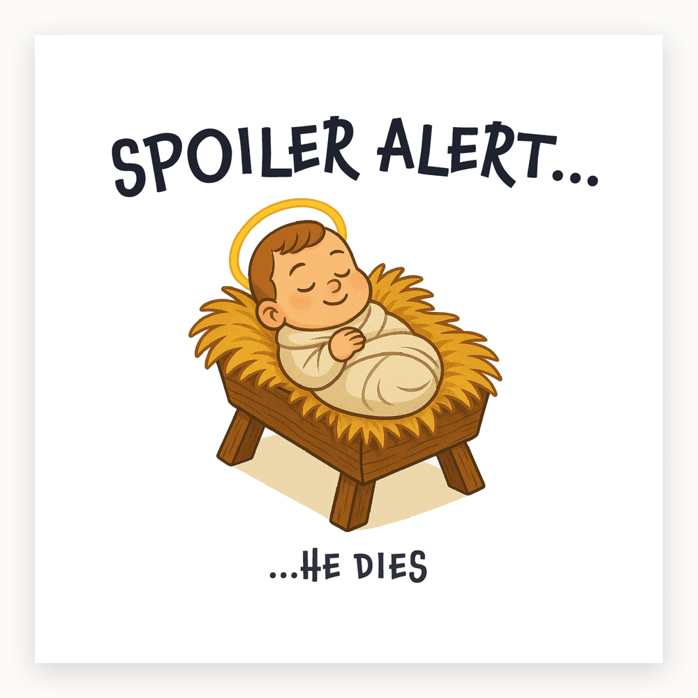 The card lying flat. Illustrated card with a cartoon baby in a manger, halo above, text 'SPOILER ALERT...' and '...HE DIES'. Predominantly blue and yellow.