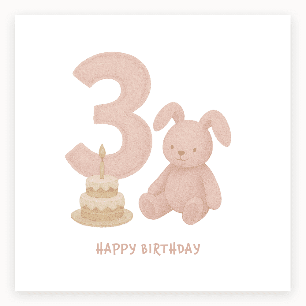 The card lying flat. Soft pink card with a large number 3, a cake with a candle, and a cute bunny. Reads 'HAPPY BIRTHDAY'.