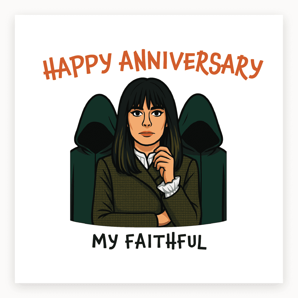 The card lying flat. Illustrated card with a woman in a green outfit, two shadowy figures, 'HAPPY ANNIVERSARY' and 'MY FAITHFUL' text, green and dark tones.