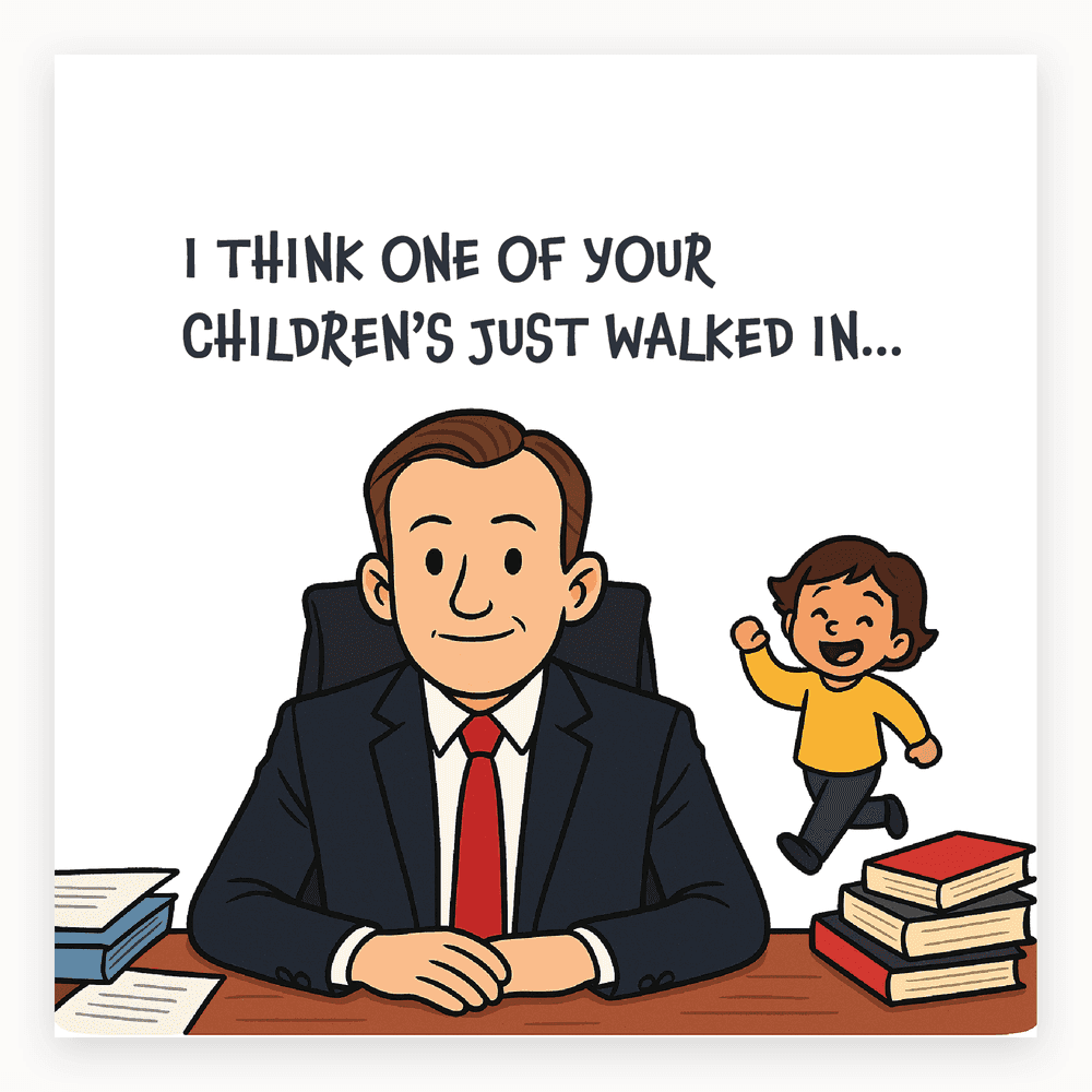 The card lying flat. Illustration of a man in a suit at a desk with a child running in the background, text reads 'I THINK ONE OF YOUR CHILDREN'S JUST WALKED IN...'.
