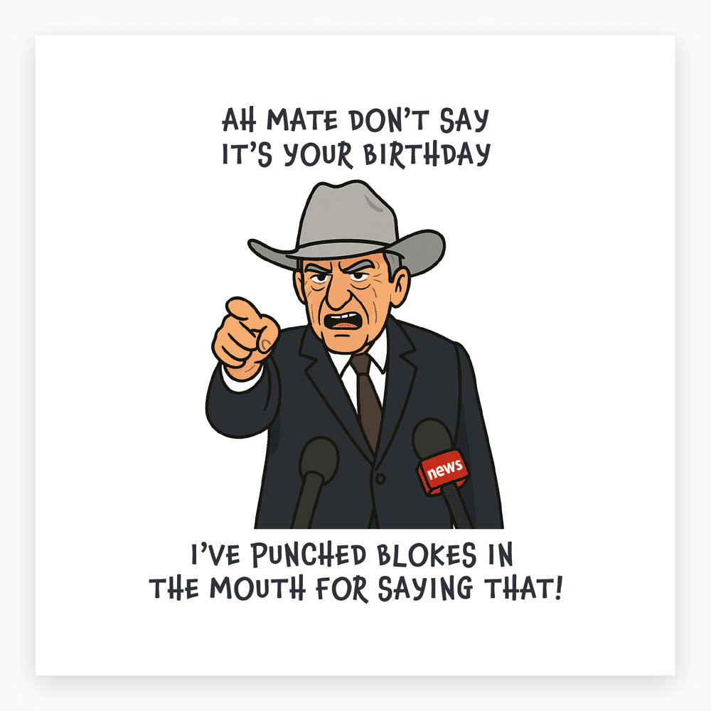 The card lying flat. Cartoon man in a suit and hat angrily pointing, with bold text above and below. Predominantly blue and white design.