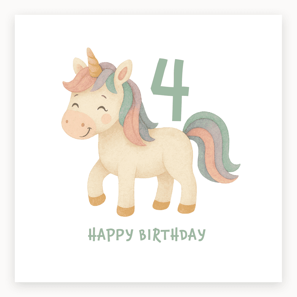 The card lying flat. Card with a cute unicorn, pastel mane, and the number 4. 'HAPPY BIRTHDAY' text in bold letters. Predominantly pink and purple.
