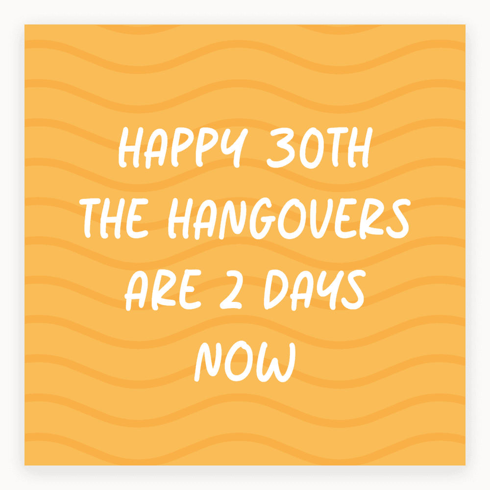 The card lying flat. Bright yellow card with wavy patterns and bold white text saying 'Happy 30th the hangovers are 2 days now'.