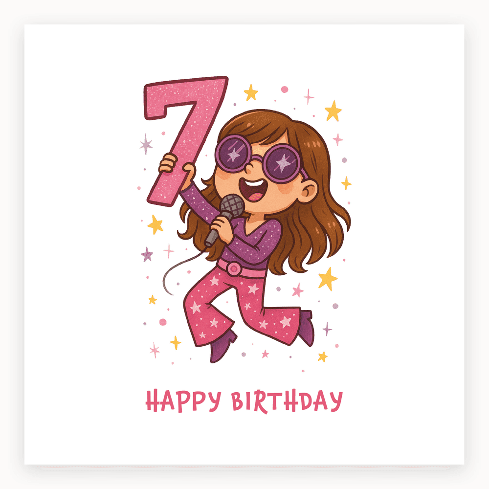 The card lying flat. Pink card with a cheerful girl holding a glittery number 7 and microphone, surrounded by stars, with 'HAPPY BIRTHDAY' text.