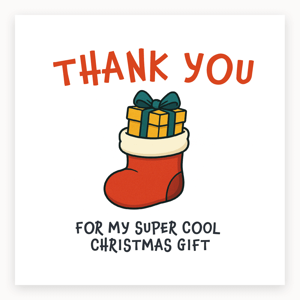 The card lying flat. Christmas card with red stocking and gift box, text 'THANK YOU FOR MY SUPER COOL CHRISTMAS GIFT'.