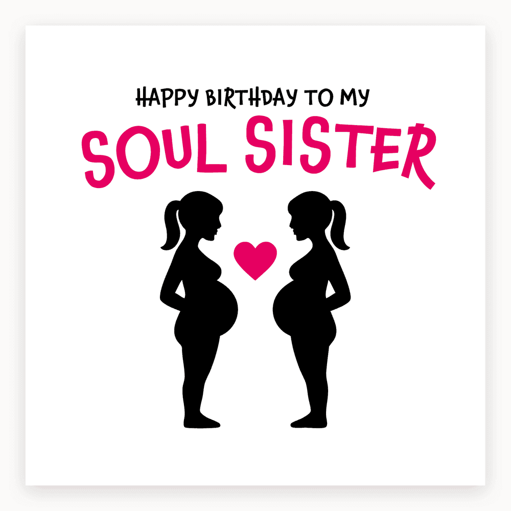 The card lying flat. Birthday card with silhouettes of two pregnant women and a heart, in pink and black.