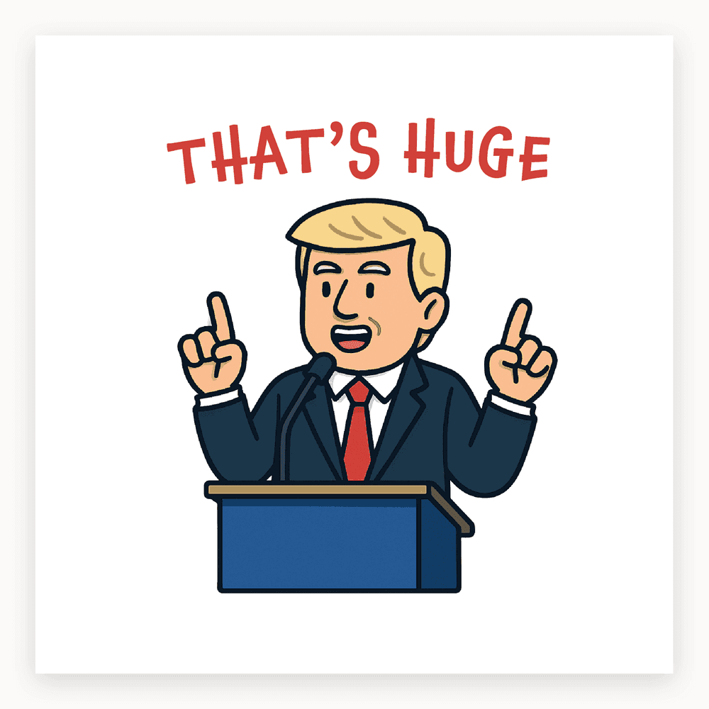 The card lying flat. Cartoon of a man with blonde hair in a suit at a podium, saying 'THAT'S HUGE' on a white background.