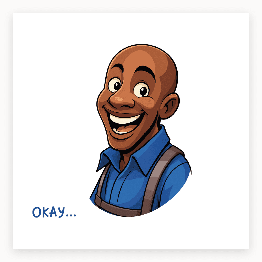 The card lying flat. Cartoon man smiling with 'Okay...' text in blue, wearing a blue shirt, bald head.