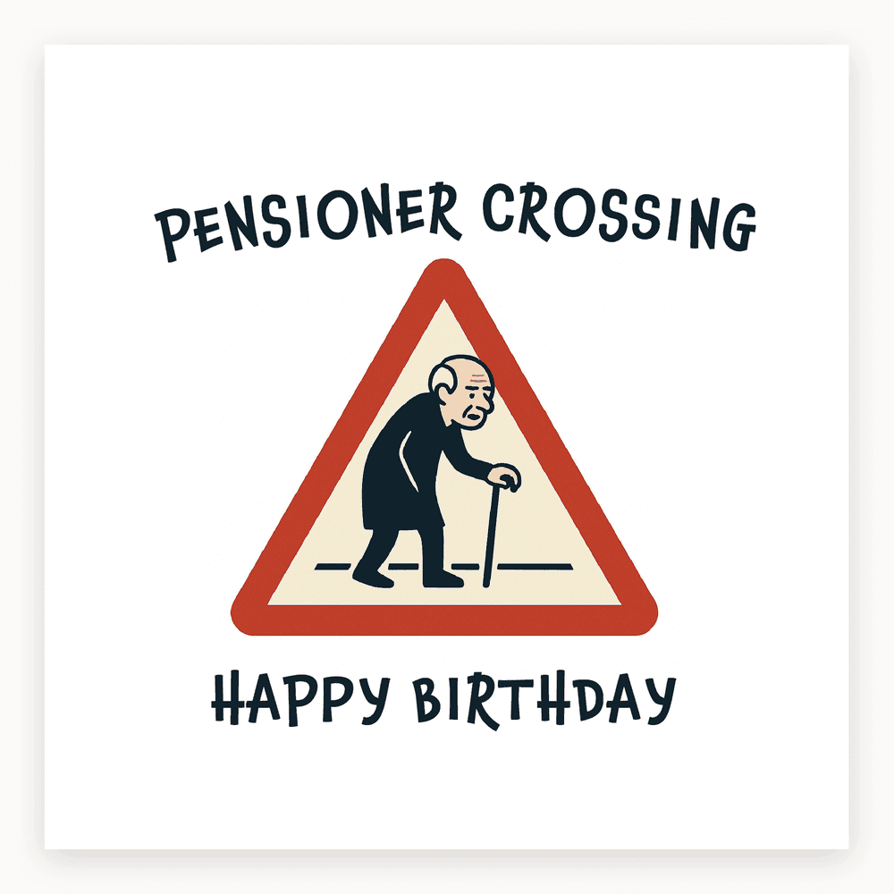The card lying flat. Card with UK road sign design, 'PENSIONER CROSSING' and 'HAPPY BIRTHDAY' text, featuring an elderly person with a cane. Predominantly yellow and black.
