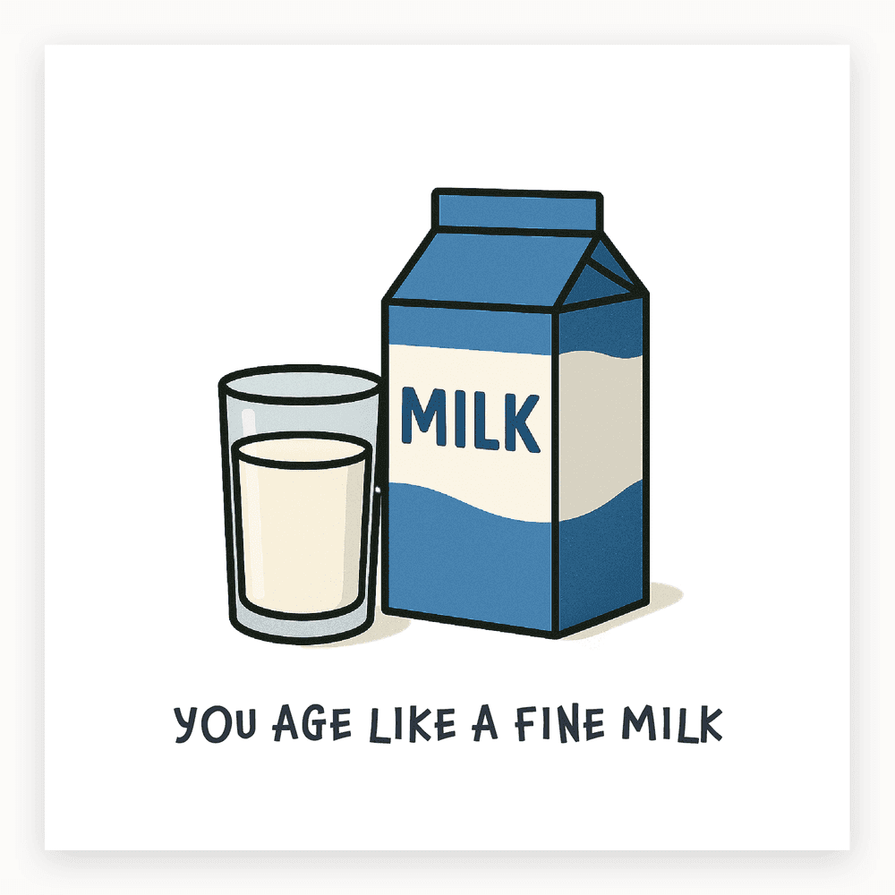 The card lying flat. Illustrated card with a milk carton and glass, text 'YOU AGE LIKE A FINE MILK'. Predominantly white and blue design.