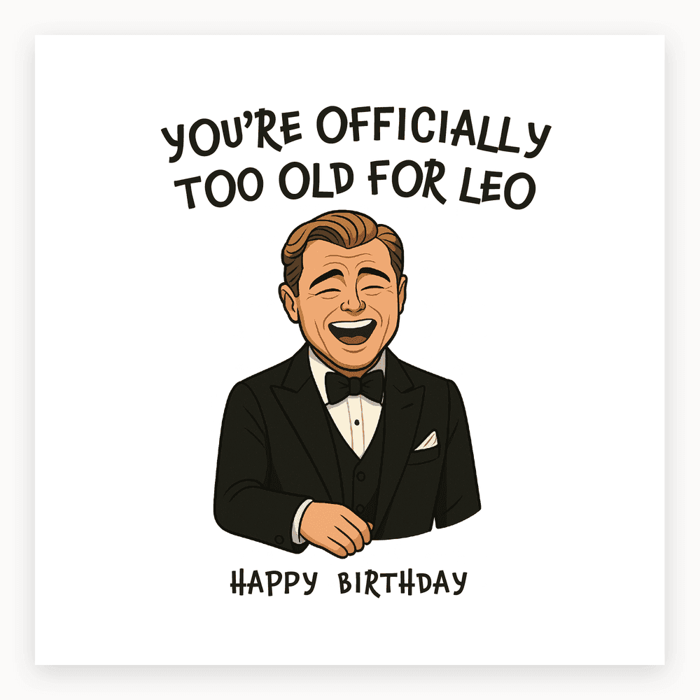 The card lying flat. Illustrated card with a smiling man in a tuxedo, text reads 'YOU'RE OFFICIALLY TOO OLD FOR LEO' and 'HAPPY BIRTHDAY'.