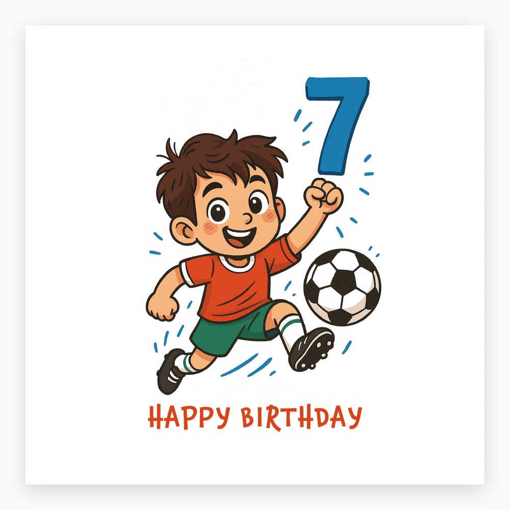 The card lying flat. Card with a young boy in red football shirt and green shorts, kicking a football. Includes '7' and 'HAPPY BIRTHDAY' text.