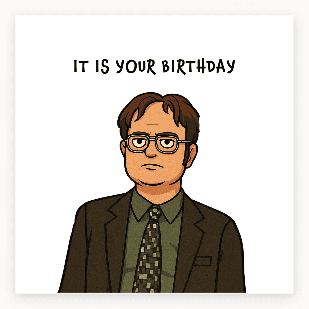 The card lying flat. Illustrated card with Dwight Schrute from The Office, featuring the text 'IT IS YOUR BIRTHDAY' in bold letters. Predominantly white and black design.