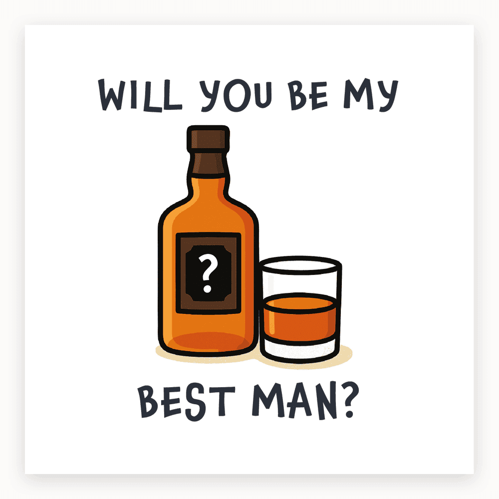 The card lying flat. Illustrated card with a cartoon whisky bottle and glass, featuring the text 'WILL YOU BE MY BEST MAN?'. Predominantly brown and gold colours.