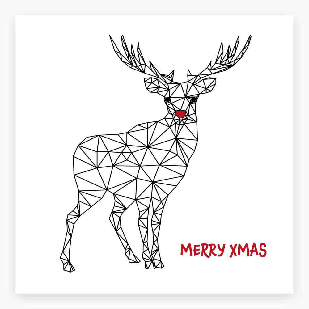 The card lying flat. Christmas card with a geometric stag design, red nose, black outline, and 'MERRY XMAS' in red.