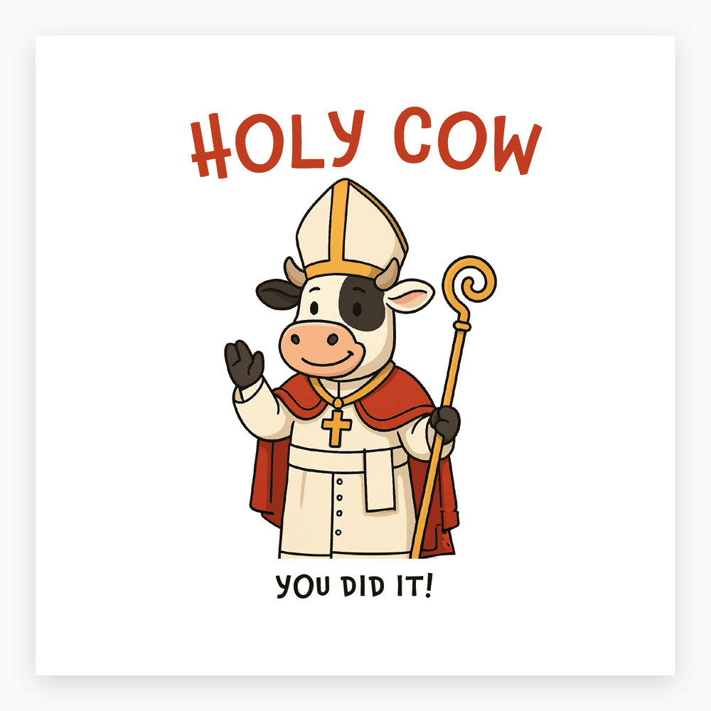 The card lying flat. Cartoon cow dressed as a bishop with a cross, saying 'YOU DID IT!' in a playful design. Predominantly white and black.
