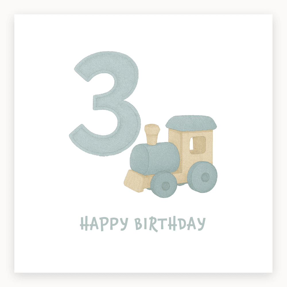The card lying flat. Birthday card with a large number 3, wooden toy train, and 'HAPPY BIRTHDAY' text in dusty blue.