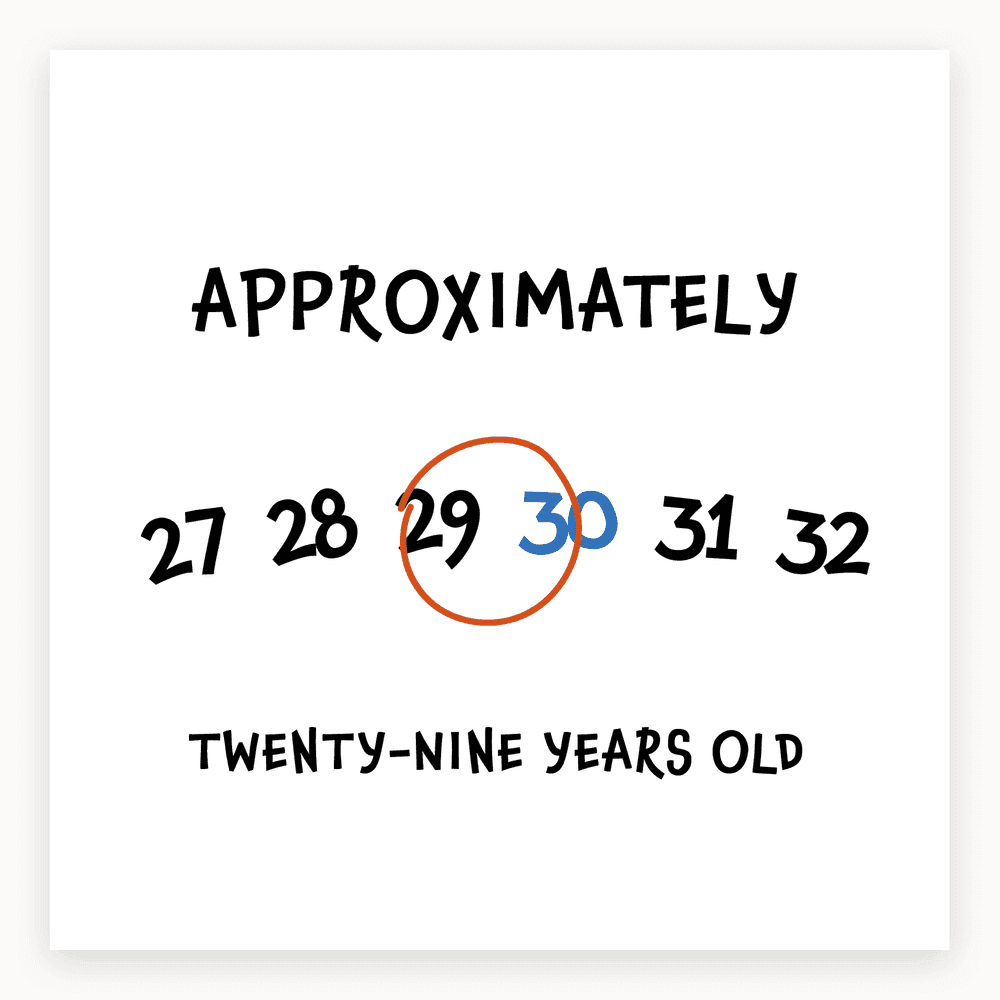 The card lying flat. Card with numbers 27 to 32, 30 crossed out, 29 circled, 'Approximately Twenty-Nine Years Old' in black and white.