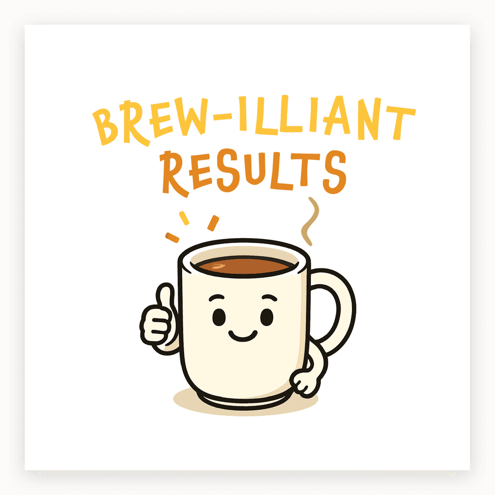 The card lying flat. Illustration of a smiling coffee mug with thumbs up, text 'BREW-ILLIANT RESULTS' in playful fonts, predominantly brown and white.