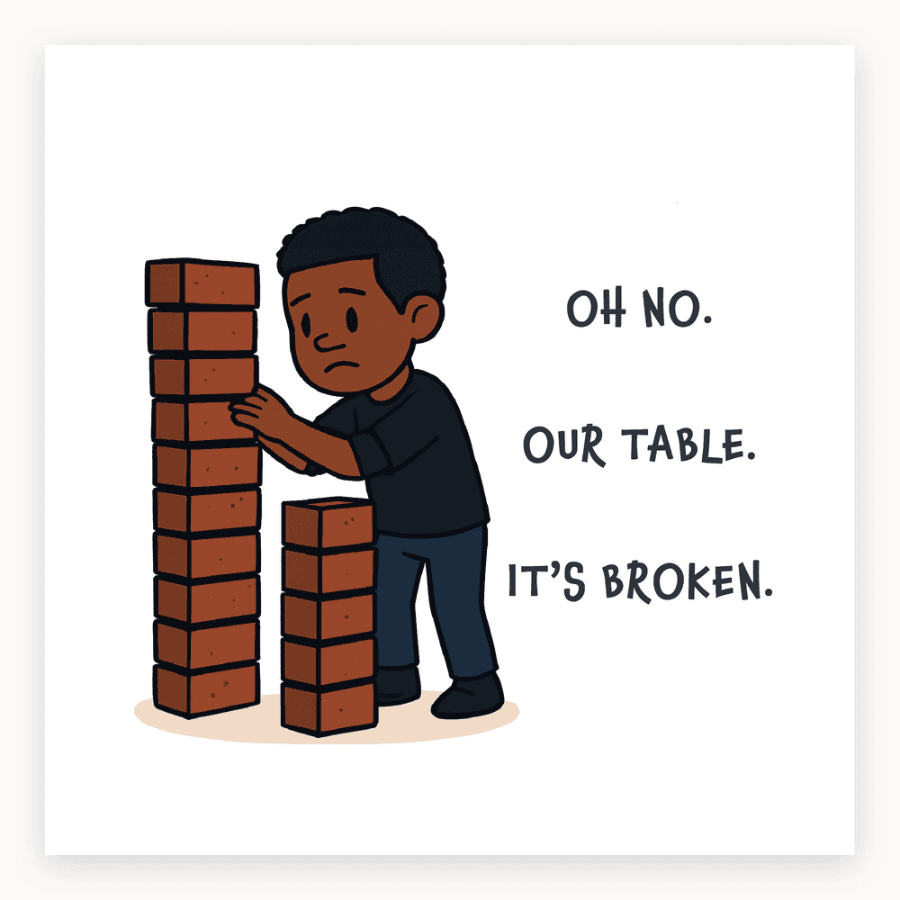 The card lying flat. Illustrated card with a concerned person next to bricks, text 'OH NO. OUR TABLE. IT'S BROKEN.', in blue and white.
