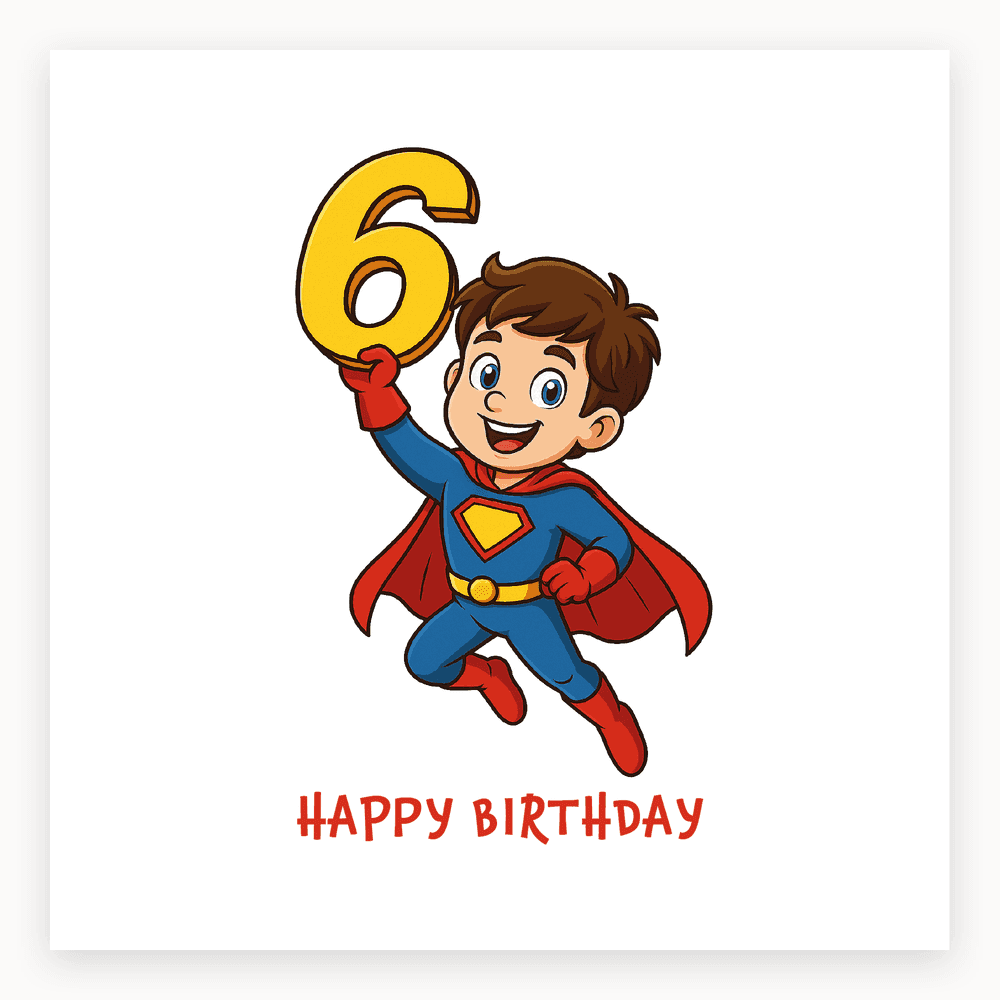 The card lying flat. Superhero-themed card with a cheerful boy in a blue costume and red cape, holding the number 6, 'HAPPY BIRTHDAY' text in bold.