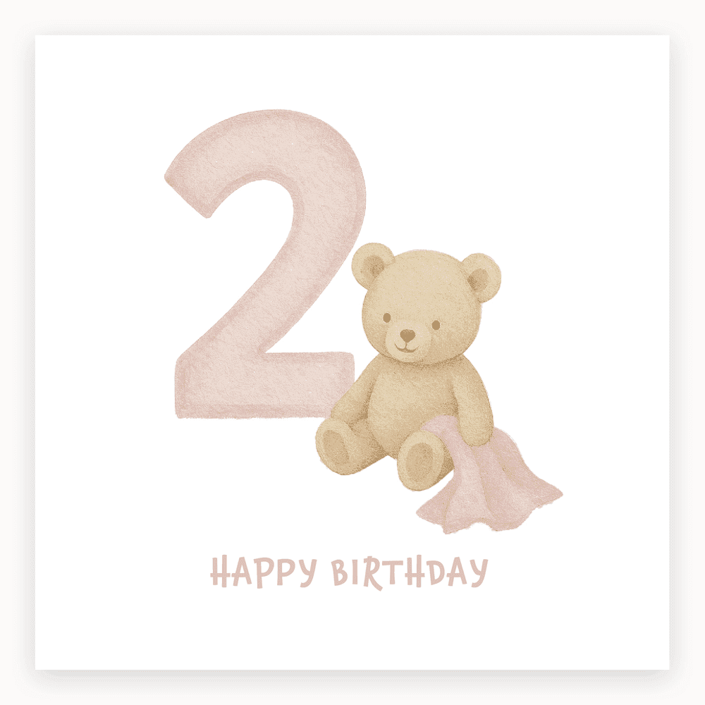 The card lying flat. Soft pink card with a teddy bear, large number 2, and 'HAPPY BIRTHDAY' text.